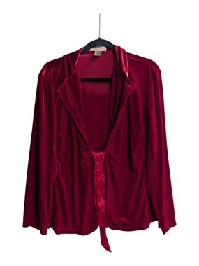 Red Velvet Open Front Tie Cardigan Twinset Top Holiday Festive Evening Glam XL